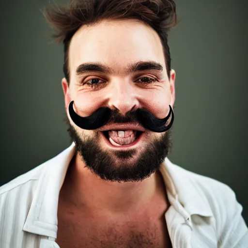 Image similar to a headshot of a happy masculine gay man with a mustache and green eyes, 35mm photo