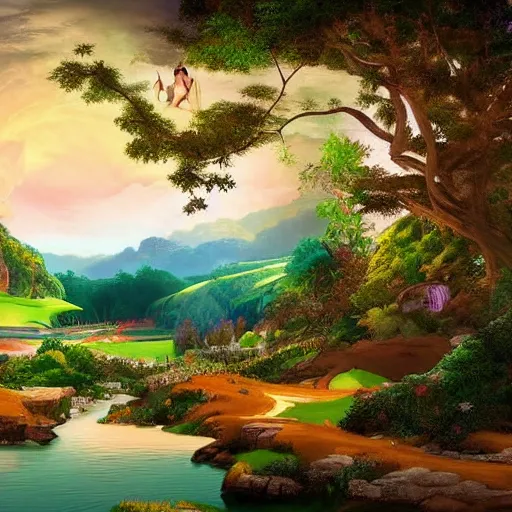 Image similar to A beautiful digital art of of a landscape. It is a stylized and colorful view of an idyllic, dreamlike world with rolling hills, peaceful looking animals, and a flowing river. The scene looks like it could be from another planet, or perhaps a fairy tale. studio lighting by Michelangelo rich details, daring