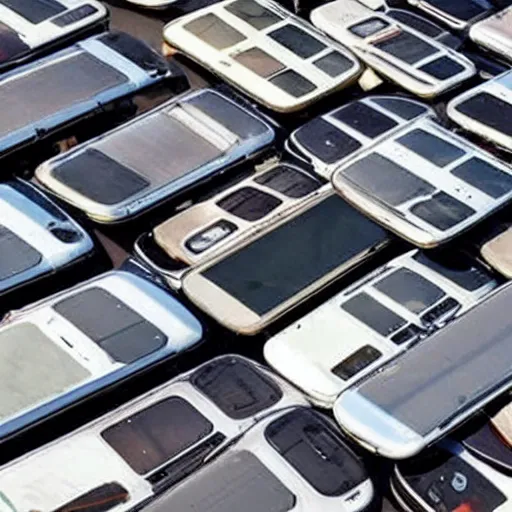 Prompt: pile of smartphones on highway, totalled vehicles from copart, photo