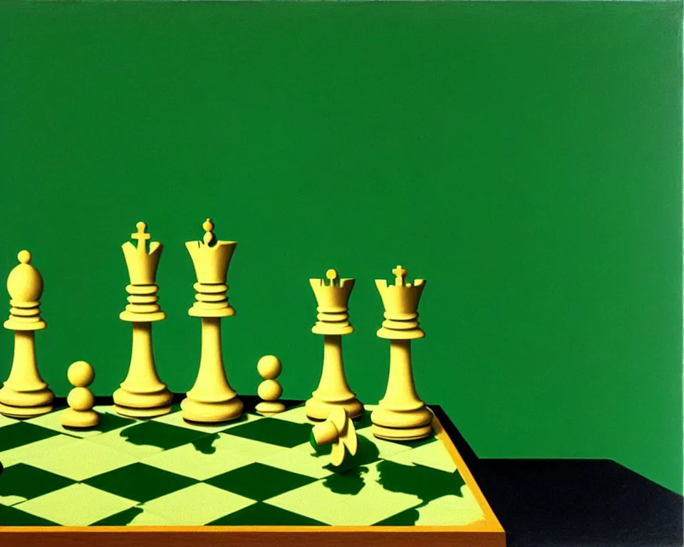 Prompt: a chess set on a green background by raphael, hopper, and rene magritte. detailed, proportional, romantic, enchanting