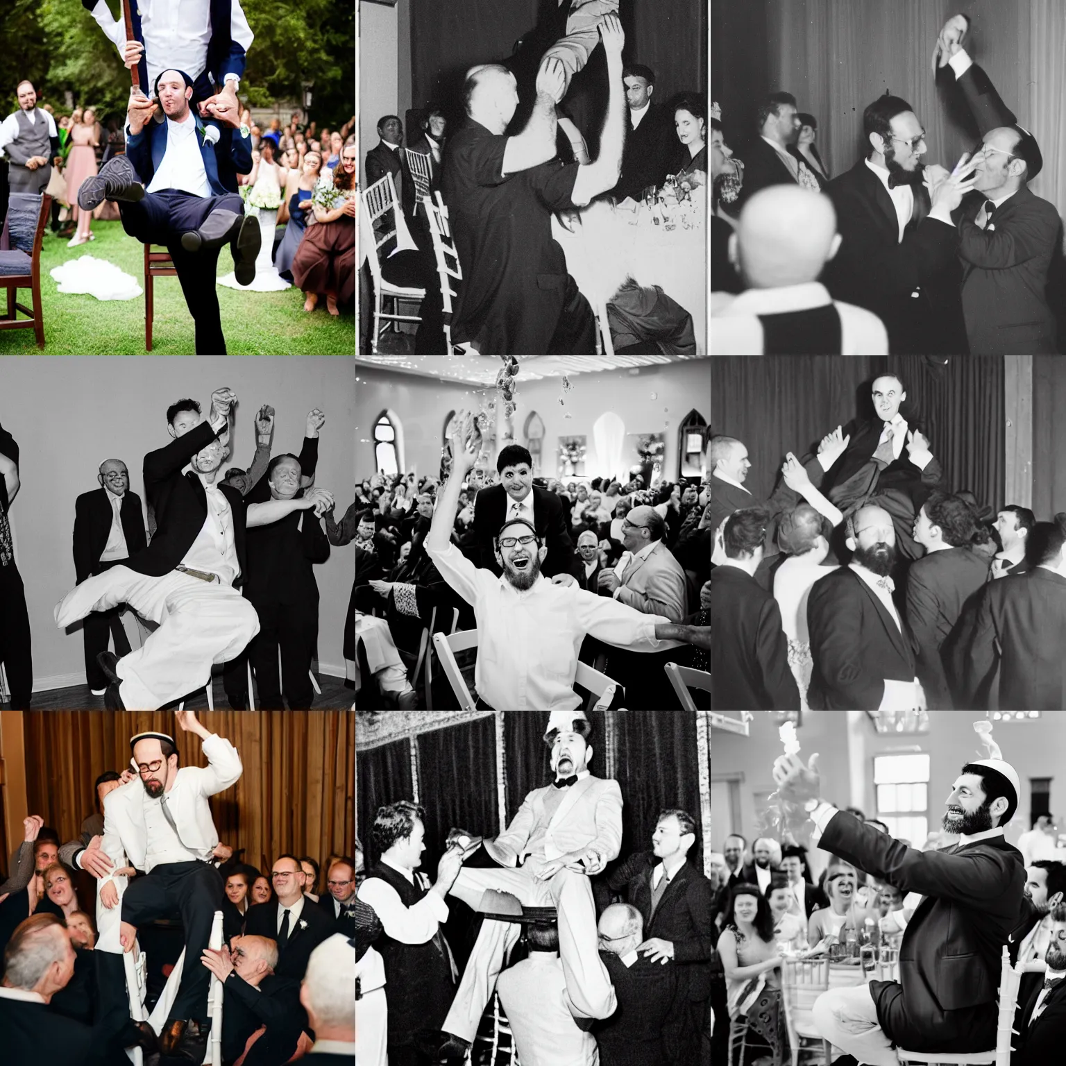 Prompt: a jewish man at a wedding being lifted on a chair