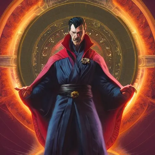 Image similar to evil dr strange doing satanic ritual elegant, digital painting, highly detailed, fantasy, artstation, concept art, smooth, sharp focus, illustration, art by artgerm and greg rutkowski and alphonse mucha