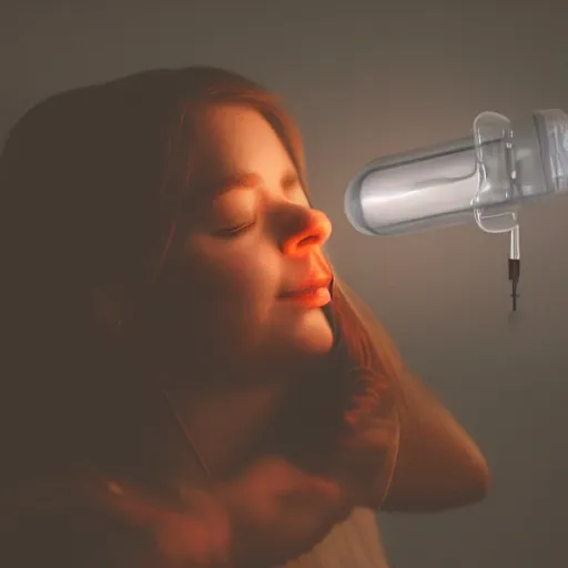 Prompt: complete dark room vacuum tube amp glows part of girls face in smoky rainy air