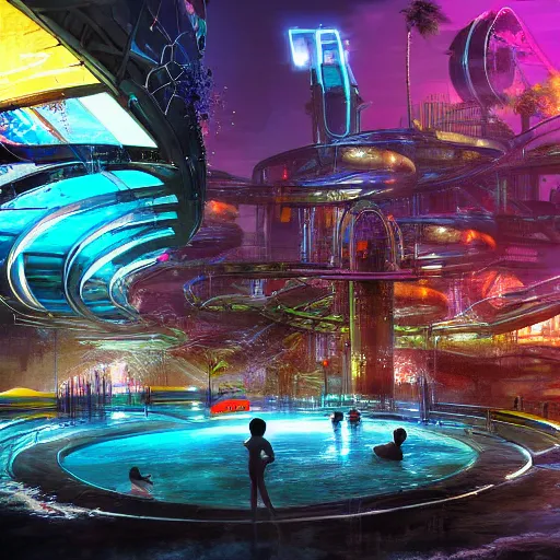 Image similar to futuristic cyberpunk waterpark, digital art, highly detailed, epic composition, cinematic lighting