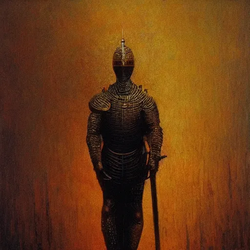 Prompt: mighty knight in golden armour. He has golden hairs. Painting by Beksinski