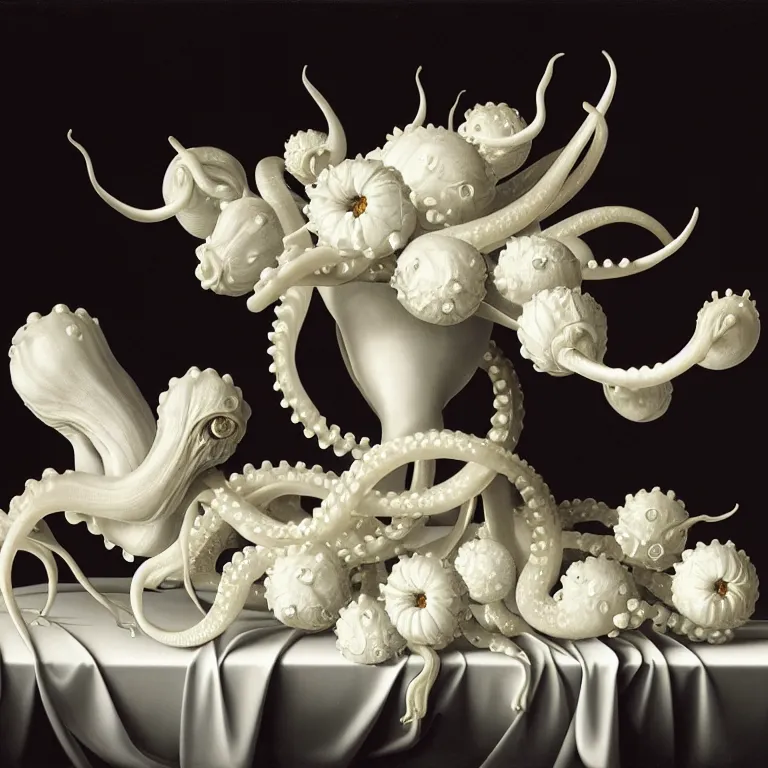 Prompt: still life of white flowers on a table, white alien squid, white octopus, , surreal alien ribbed white fruit, white human spine, baroque painting, beautiful detailed intricate insanely detailed octane render trending on Artstation, 8K artistic photography, photorealistic, chiaroscuro, Raphael, Caravaggio