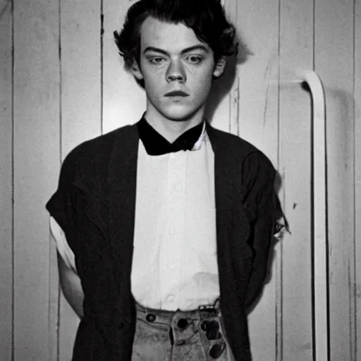 Prompt: A mugshot of Harry styles from the 1950’s