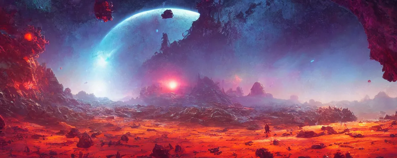 Image similar to ” outer planet landscape, [ cinematic, detailed, epic, widescreen, opening, establishing, mattepainting, photorealistic, realistic textures, octane render, art by paul lehr ] ”