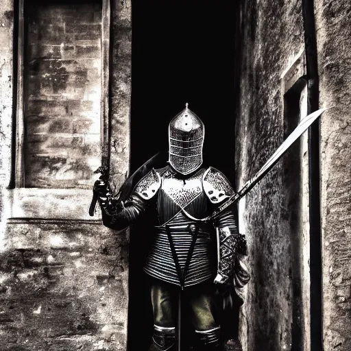 Image similar to knight holding a sword standing in an old london alley, ominous, chilly dark mood, very sharp image, hyper realistic, symmetrical, 4 k, highly ornate intricate details,