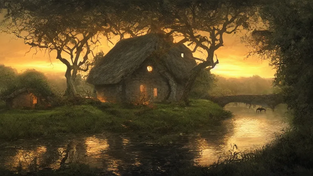 Prompt: small wooden cottage by the river, a tree with vines wrapped around it, two crows on the tree, tranquility, arch stone bridge over the river, an old man riding a horse on the bridge, sunset, by charlie bowater, by greg rutkowski