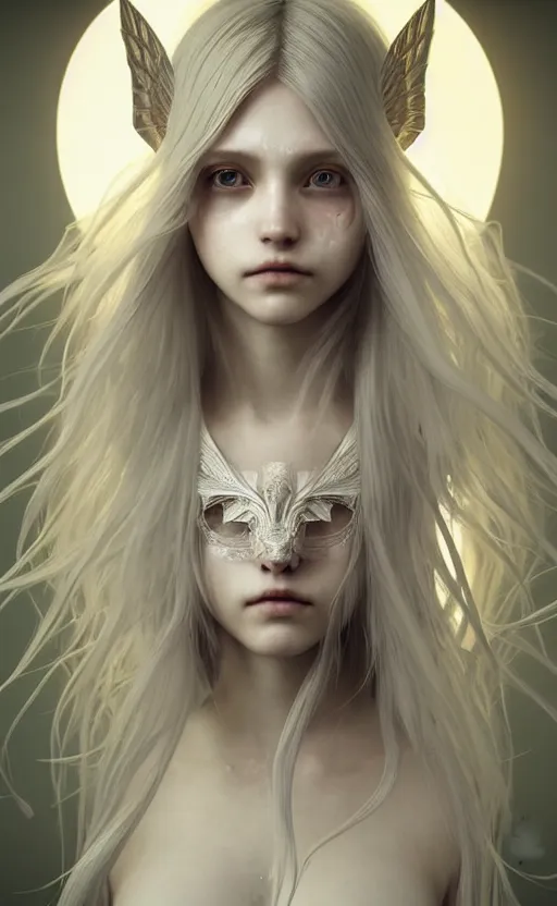 Prompt: symmetry!! cancer!! female portrait, beautiful, detailed white long hair, elf ears, wings, intricate hidden face mask, melting, complex 3 d render by ilya kuvshinov, alphonse mucha, ryohei hase, dramatic lighting, intricate, highly detailed, final fantasy, sharp focus, luminous, unreal engine 5 rendered, blender, deviant