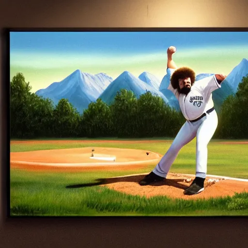 Prompt: a closeup photorealistic photograph of bob ross painting an image of kenny powers pitching a baseball on a canvas. mountains and trees. film still. brightly lit scene. this 4 k hd image is trending on artstation, featured on behance, well - rendered, extra crisp, features intricate detail, epic composition and the style of unreal engine.