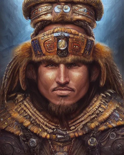 Image similar to digital painting of incan slinger warrior, by filipe pagliuso and justin gerard, symmetric, fantasy, highly detailed, realistic, intricate, portrait, sharp focus, tarot card, face, handsome, peruvian