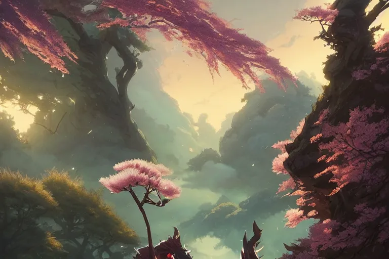 Image similar to dragon, cherry blossoms, thunder, unreal engine, fantasy art by greg rutkowski, loish, rhads, ferdinand knab, makoto shinkai and lois van baarle, ilya kuvshinov, rossdraws, tom bagshaw, global illumination, radiant light, detailed and intricate environment