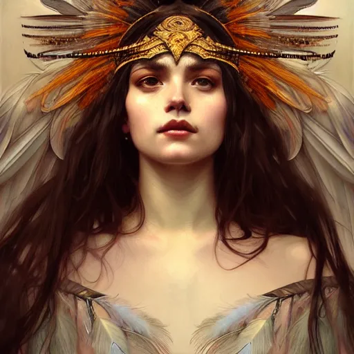 Image similar to Portrait of a winged girl angel wearing an intricate feather headdress, fantasy, intricate, elegant, highly detailed, digital painting, artstation, concept art, smooth, sharp focus, illustration, art by Krenz Cushart and Artem Demura and alphonse mucha