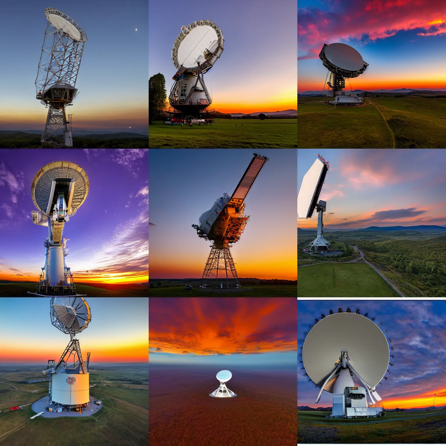 Prompt: Lovell telescope on the Cheshire plane at sunset, wide angle lens, high quality photograph, 4K