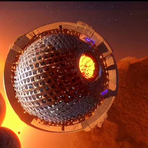 Image similar to dyson sphere in space, holes intricate abstract, unreal engine tech demo, golden hour