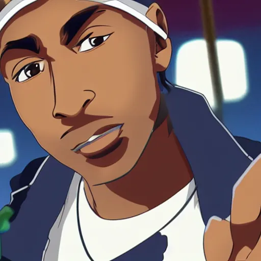 Image similar to Tupac Shakur, screenshot from a 2012s anime