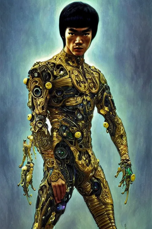 Image similar to bruce lee as a organic cyborg, diffuse lighting, fantasy, intricate, elegant, highly detailed, lifelike, photorealistic, digital painting, illustration, concept art, smooth, sharp focus, art by john collier and albert aublet and krenz cushart and artem demura and alphonse mucha