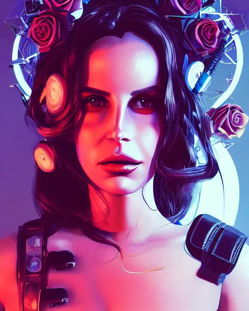 Image similar to portrait of lana del rey as a cyberpunk cyborg. sci - fi intricate abstract upper body intricate artwork, roses, rose petals by tooth wu, wlop, beeple, dan mumford. concept art, octane render, trending on artstation, greg rutkowski, asymmetrical, cinematic arthouse, key art, hyper realism, iridescent accents