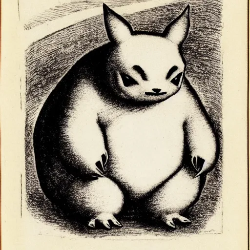 Image similar to snorlax, copperplate etching by albrecht durer