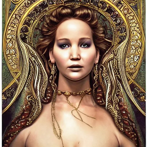 Image similar to !dream realistic detailed dramatic symmetrical portrait of Jennifer Lawrence as Salome dancing, wearing an elaborate jeweled gown, by Michelangelo, gilded details, intricate spirals, coiled realistic serpents, Neo-Gothic, gothic, Art Nouveau, ornate medieval religious icon, long dark flowing hair spreading around her