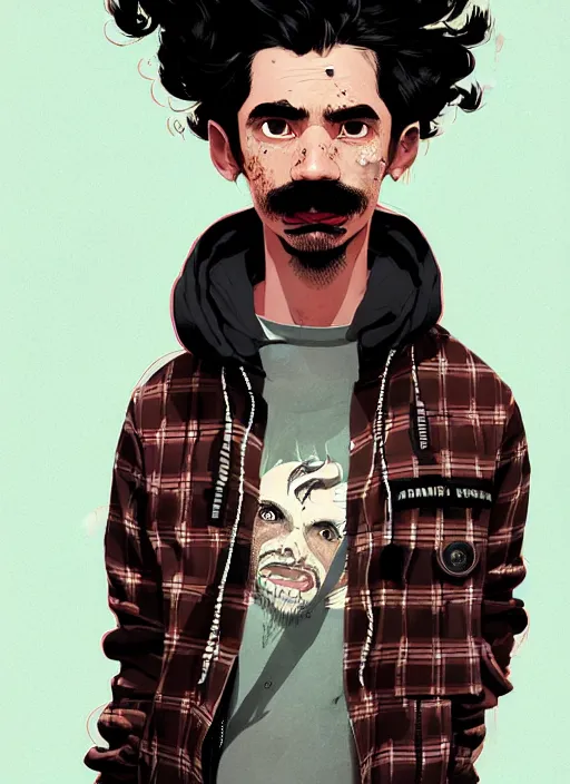 Image similar to highly detailed portrait of a sewer punk guy worker, thirties, black hair, brown eyes, small mustache, tartan hoody, short curly hair by atey ghailan, by greg rutkowski, by greg tocchini, by james gilleard, by joe fenton, by kaethe butcher, gradient pink, brown, light blue and white color scheme,