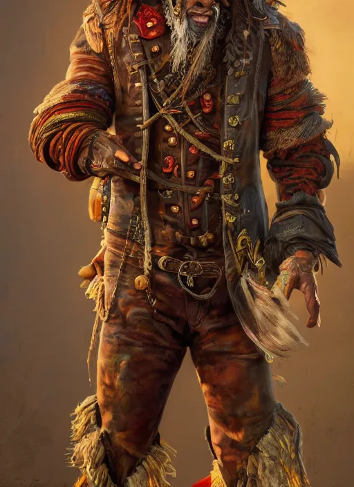 Image similar to realistic full body concept art illustration oil painting of a pirate in insanely detailed and intricately colored clothing, octane render, sss, postprocessing, 4k, cinematic lighting, unreal engine