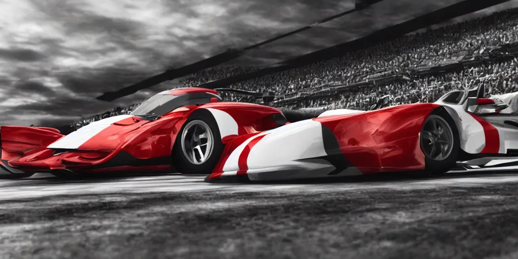 Prompt: polish flag draped over a early 2 0 0 0 s sports car on a racetrack during an overcast day, realistic 4 k octane beautifully detailed render, 4 k post - processing, highly detailed, intricate complexity, epic composition, magical atmosphere, cinematic lighting, masterpiece, ultra hd