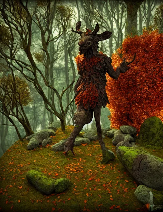 Prompt: animal god of autumn in the lichen woods. this 3 d render by an indie artist has an interesting color scheme, plenty of details and impeccable lighting.