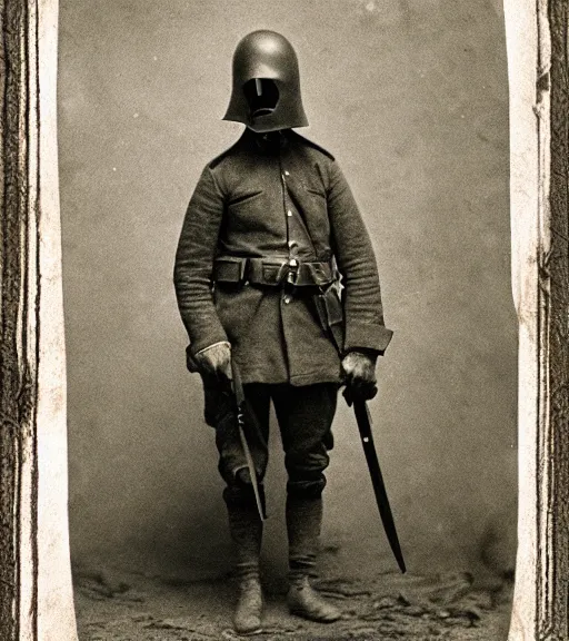 Image similar to person wearing executioner mask, ww1 photo, grainy, high detail, high resolution, tehnicolor
