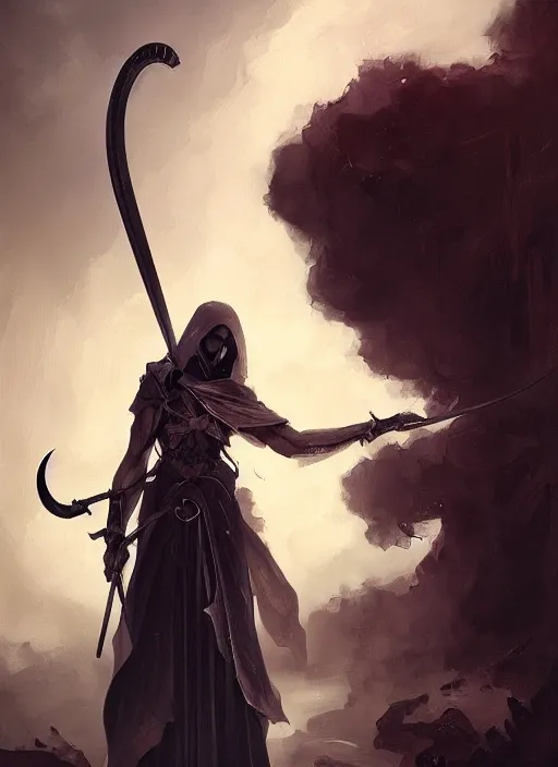 Prompt: a portrait of a beautiful angel of death holding a large scythe by marco bucci and greg rutkowski, sharp focus, detailed, cinematic, closeup