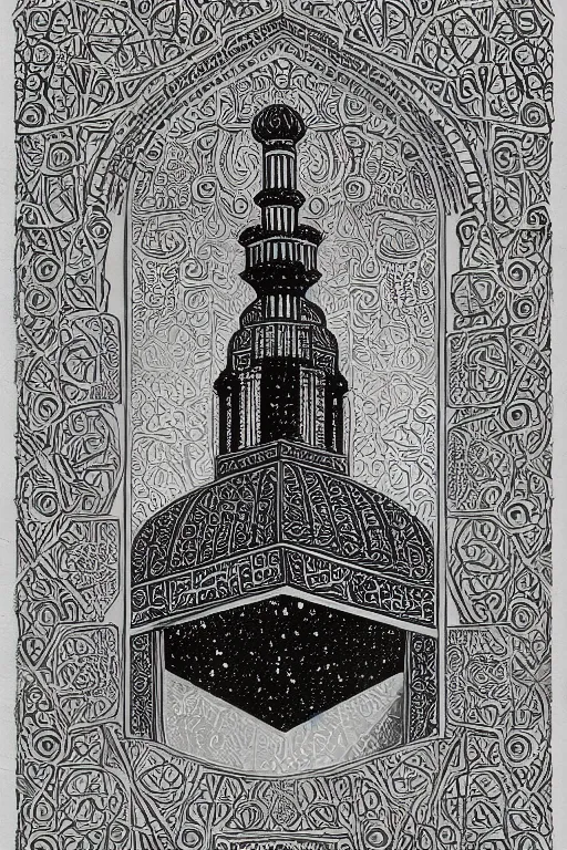 Prompt: a mosque in space in the style of a rough charcoal sketch