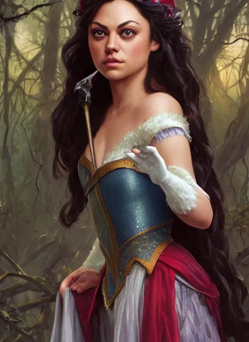 Prompt: beautiful young mila kunis as snow white princess disney, closeup, d & d, fantasy, intricate, elegant, highly detailed, digital painting, artstation, concept art, matte, sharp focus, illustration, art by artgerm and greg rutkowski and alphonse mucha