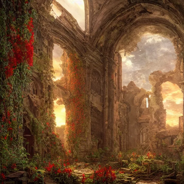 Image similar to a interior photo of a ruined church with a lot of red flowers growing inside at sunset, godrays, complementary colors, concept art, DeviantArt, Ferdinand Knab, beautiful, 8K,highly detailed, high quality