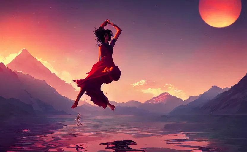 Prompt: Himalayan woman dancing on water, tropical sci fi fashion, sunset, dramatic angle, dynamic pose, 8k hdr pixiv dslr photo by Makoto Shinkai ilya kuvshinov and Wojtek Fus