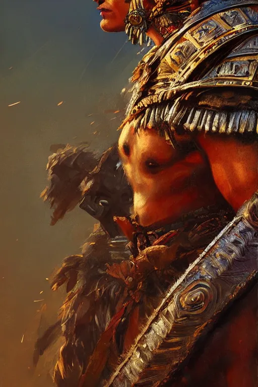 Image similar to aztec warrior, close - up portrait, fierce, intricate, elegant, volumetric lighting, scenery, digital painting, highly detailed, artstation, sharp focus, illustration, concept art, ruan jia, steve mccurry