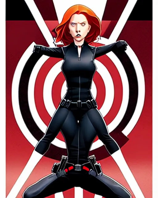 Image similar to phil noto comicbook cover art, black widow marvel, symmetrical eyes, long red hair, full body, city rooftop