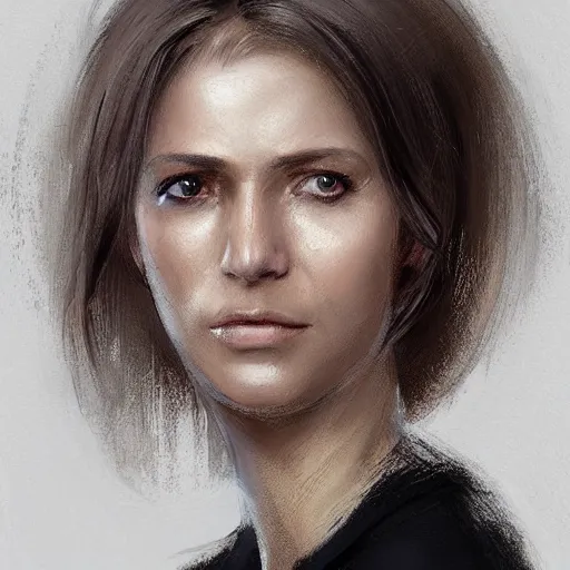 Prompt: Portrait of a woman by Greg Rutkowski, she is about 40 years old, pretty, blond hair with two strans around her face, slavic features, melancholic gaze, pretty aquiline nose, affectionate mom vibes, she is wearing a white and black utilitarian jumpsuit, highly detailed portrait, digital painting, artstation, concept art, smooth, sharp foccus ilustration, Artstation HQ.
