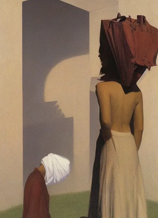 Image similar to neo-andean women paper bag over the head and a sward Edward Hopper and James Gilleard, Zdzislaw Beksinski, highly detailed