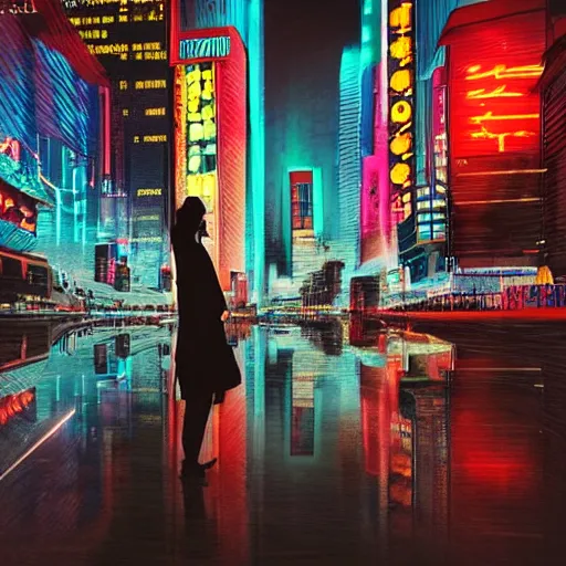 Image similar to cyberpunk city, woman in plastic coat, reflections, rain, neon, hyper realistic