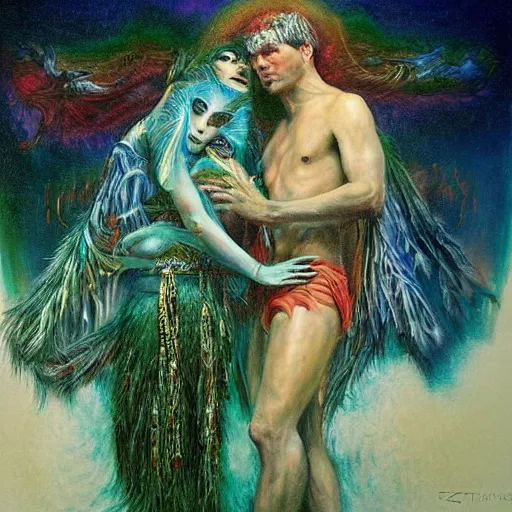 Image similar to the concept of a loving relationship, transcendence, airbrush art, shamanic dmt horror art, by edwin austin abbey