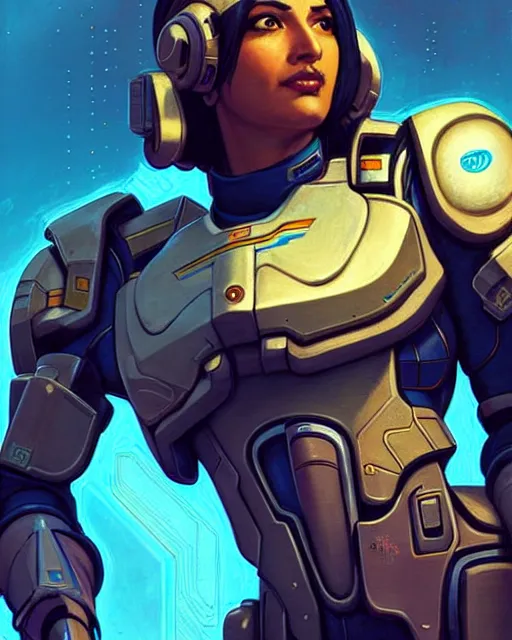 Image similar to pharah from overwatch, character portrait, portrait, close up, concept art, intricate details, highly detailed, vintage sci - fi poster, retro future, in the style of chris foss, rodger dean, moebius, michael whelan, and gustave dore