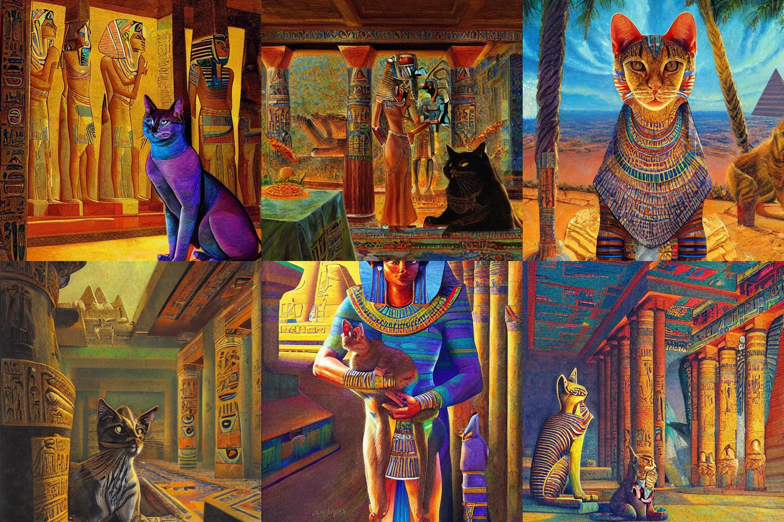 Prompt: portrait of an egyptian pharaoh cat in a scenic temple by jon foster and louis wain