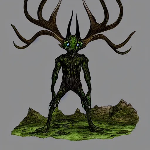 Image similar to the soul thief, dark forest, fantasy world, mystical physique with antlers, wide shot view