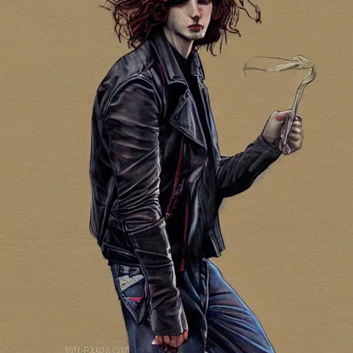 Prompt: in the style of Joshua Middleton art, beautiful young punk rock man, long curly brown hair, denim vest over leather jacket, symmetrical face, concept art, painting