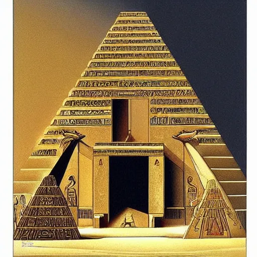Image similar to an ancient undiscovered egyptian treasure room entirely made of shiny gold, full of ingots and gems and precious, concept art, architecture design, pyramids style, art by de chirico