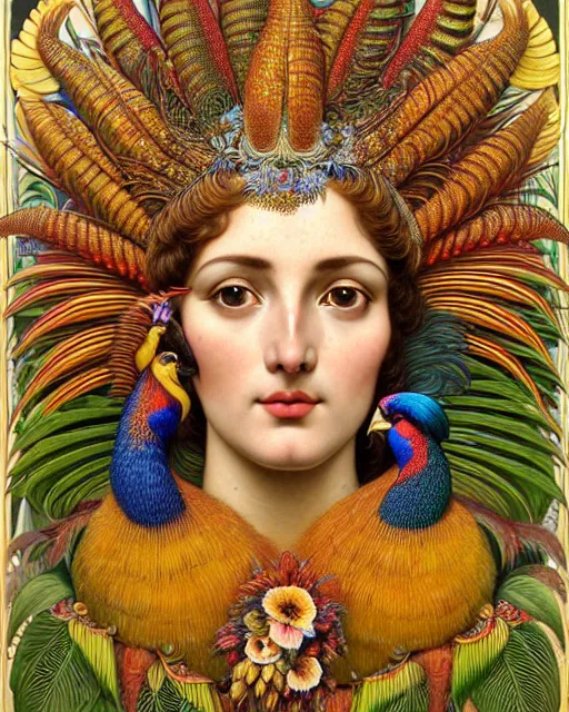 Image similar to hyperrealistic detailed face portrait of the beautiful goddess of the golden pheasants with an intricate headgear of golden pheasant, red berries, leaves, field flowers, pears, apples, art by ernst haeckel, john william godward, android jones, alphonso mucha, h. r. giger, gothic - cyberpunk, ornamental, beautiful deep colours,