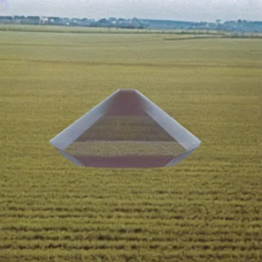 Image similar to a 1 9 9 0 photograph of a diamond shaped ufo over a field, grainy, photo realistic