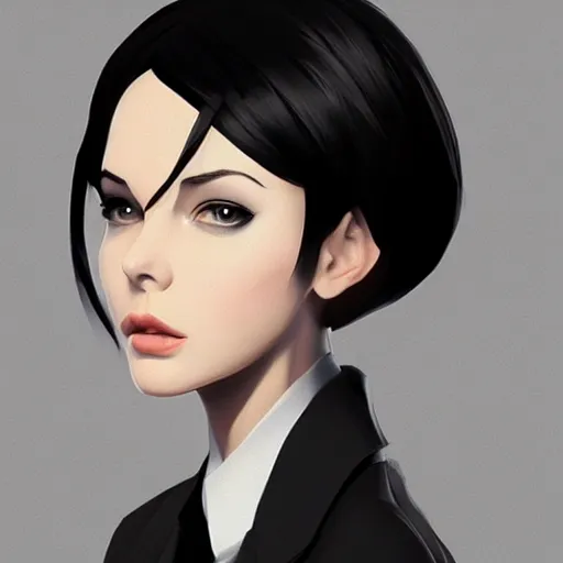 Image similar to slim girl in tuxedo with short black hair, elegant, 2d, ultra highly detailed, digital painting, smooth, sharp focus, artstation, art by Ilya Kuvshinov